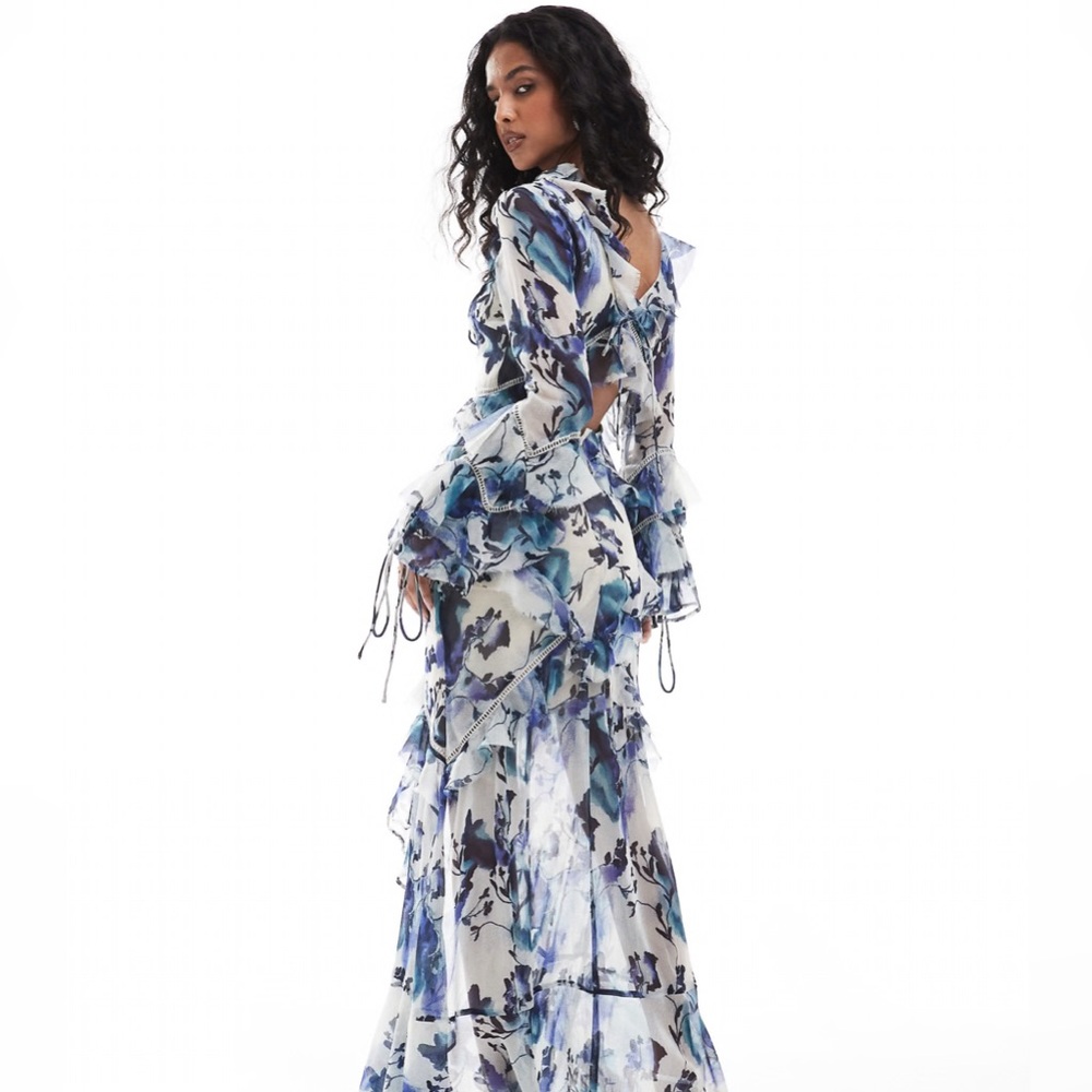 ASOS DESIGN Long Sleeve Ruffle Maxi Dress in Rose Floral Print - Picture 2 of 12